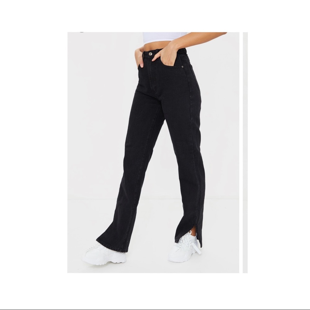 Black wash split hem mom jeans